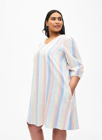 Cotton blend short dress with linen, Multi Color Stripe, Model