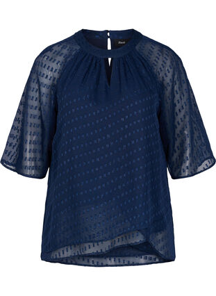 Blouse with 2/4 sleeves in patterned chiffon, Evening Blue, Packshot image number 0