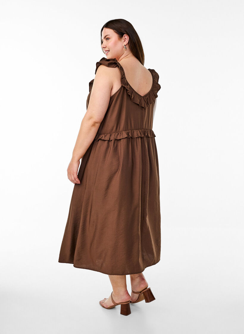 Sleeveless midi dress with ruffle details, Brown, Model image number 1