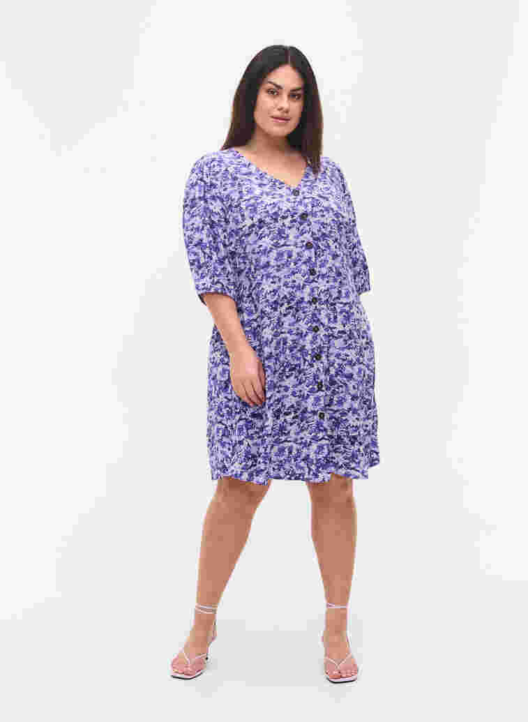 Dress with buttons and 3/4 sleeves, Purple AOP, Model image number 3