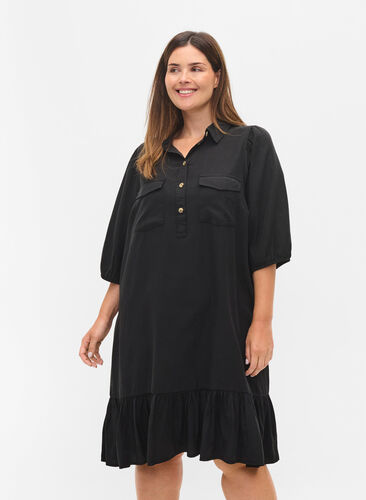 Dress with ruffle trim and 3/4 sleeves, Black, Model image number 0