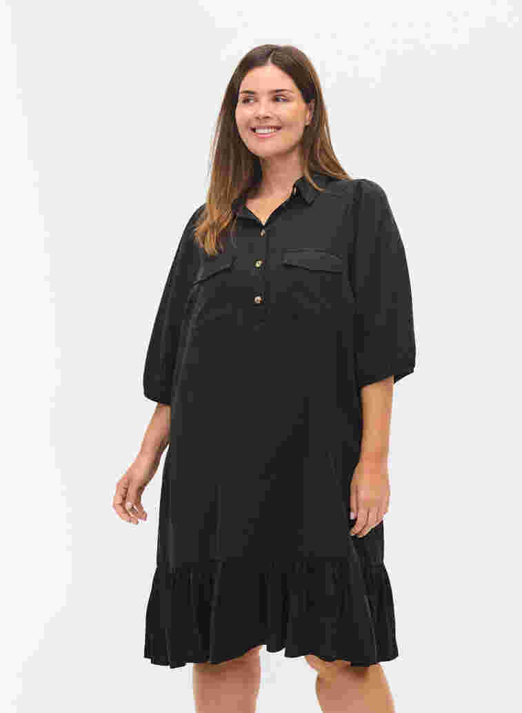 Dress with ruffle trim and 3/4 sleeves, Black, Model image number 0