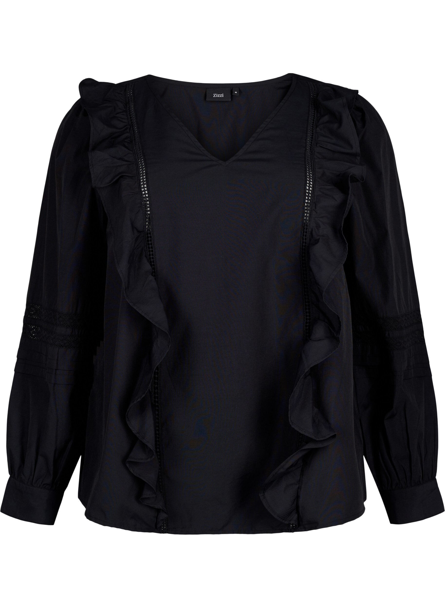 Zizzifashion Blouse with ruffles and lace trim, Black, Packshot image number 0