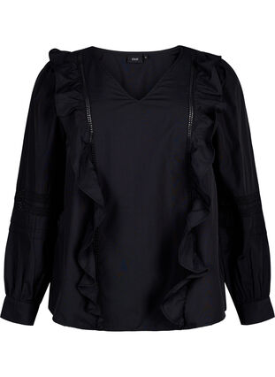 Blouse with ruffles and lace trim, Black, Packshot image number 0