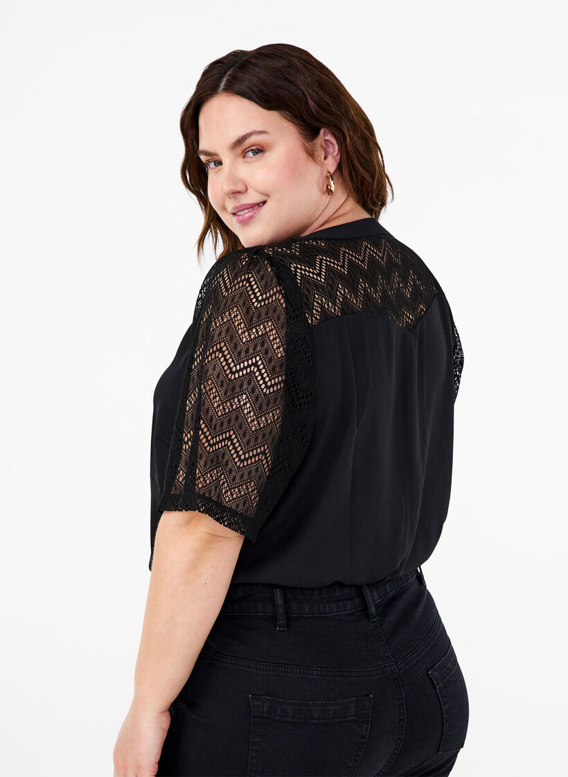 Shirt blouse with short lace sleeves, Black, Model image number 1