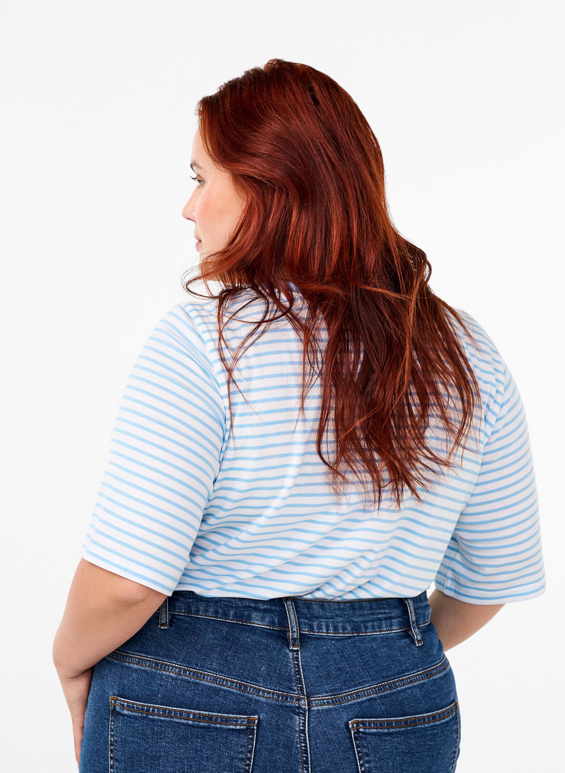 Zizzifashion Striped T-shirt in lyocell with round neck, Light Blue, Model image number 2