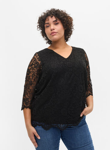 Lace blouse with 3/4 sleeves, Black, Model image number 0