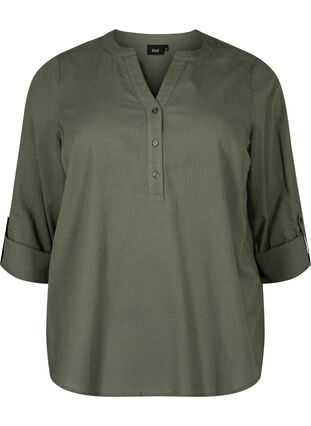 Shirt blouse in cotton with a v-neck, Thyme, Packshot image number 0