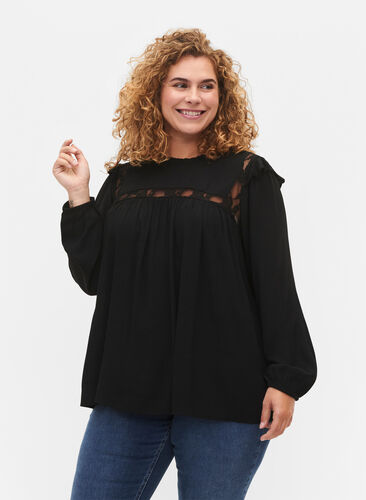Viscose blouse with frills and lace, Black, Model image number 0