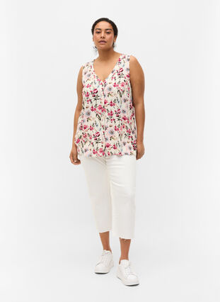 Floral viscose top with buttons, Bright White AOP, Model image number 2