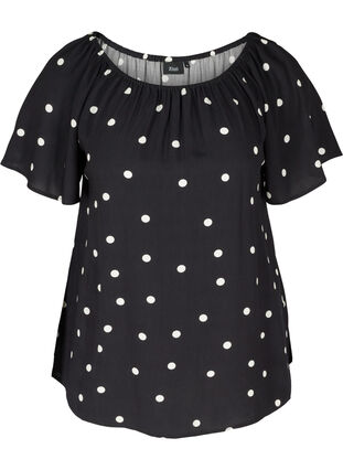 Short-sleeved polka dot viscose blouse, Black w. Dot, Packshot image number 0