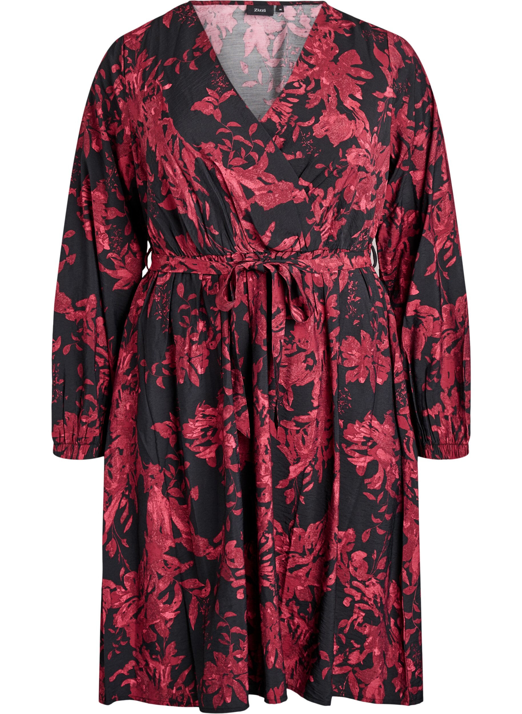 Knee-length dress with tie-belt and wrap-look