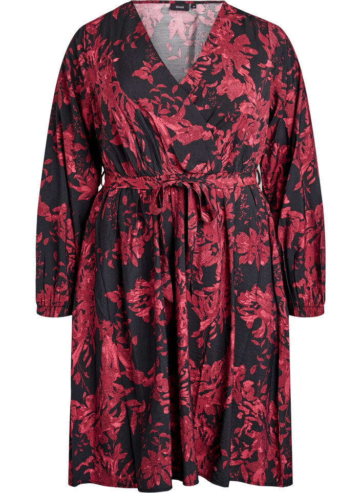 Knee-length dress with tie-belt and wrap-look, Black, Packshot image number 0