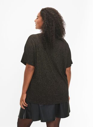 Short-sleeved viscose blouse with glitter, Black Shimmer, Model image number 1