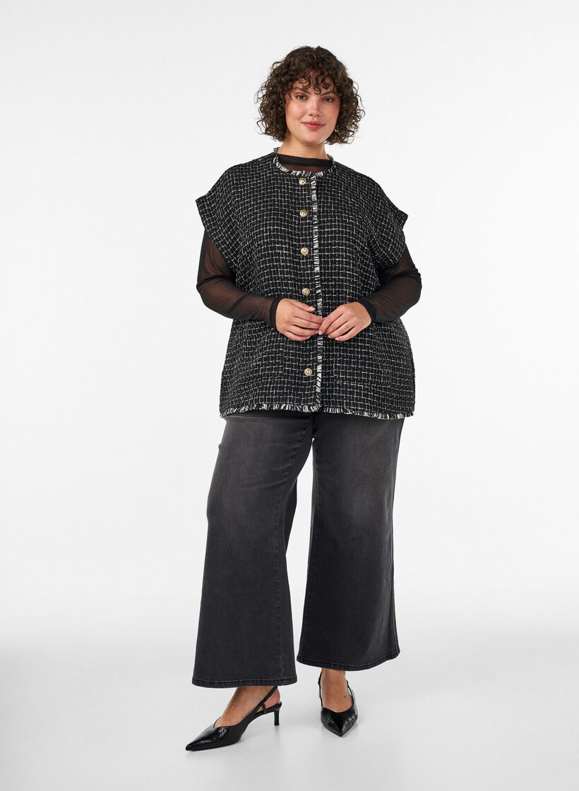 Checked waistcoat with decorative buttons, Black, Model image number 1