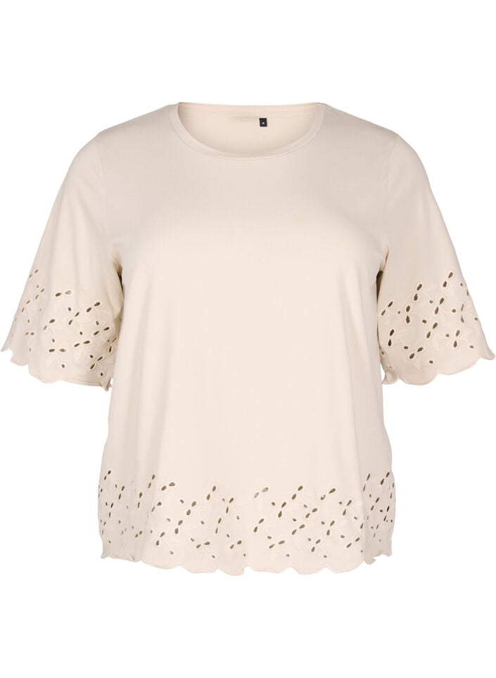T-shirt with broderie anglaise and scalloped edges, Beige, Packshot image number 0