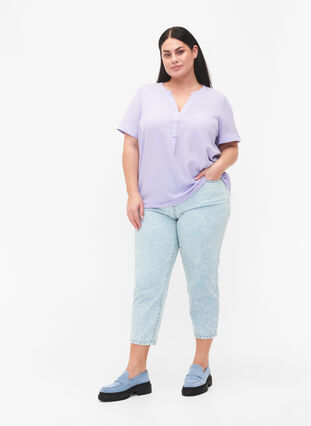 Short-sleeved blouse with v-neckline, Lavender, Model image number 2