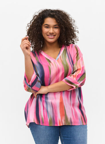 Printed viscose blouse with 3/4 sleeves, Pink AOP, Model image number 0