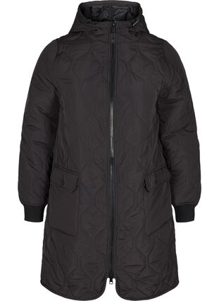 Hooded quilted jacket with large pockets, Black, Packshot image number 0