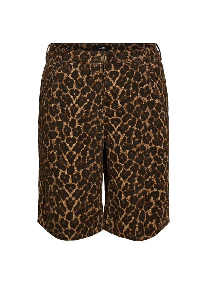 Leopard print denim Bermuda shorts, Brown, Packshot image number 0