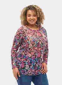 Tight fit mesh blouse with floral print, Flower AOP, Model