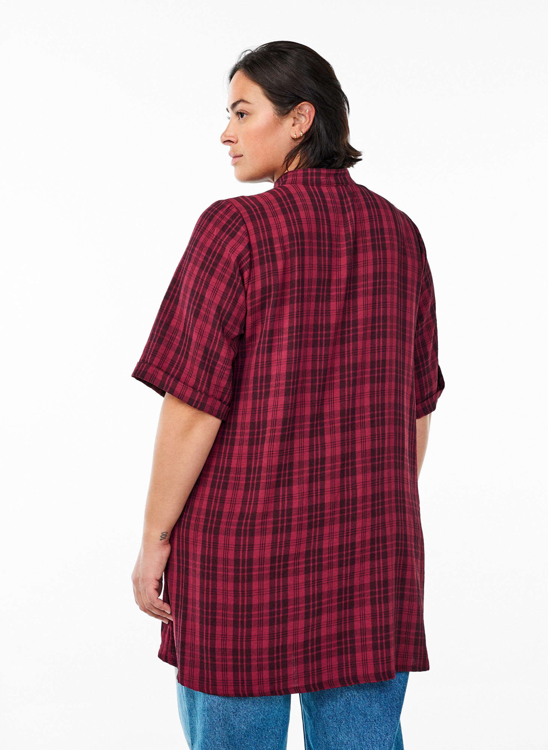 Zizzifashion Tunic with short sleeves and checkered pattern, Dark Bordeaux, Model image number 2