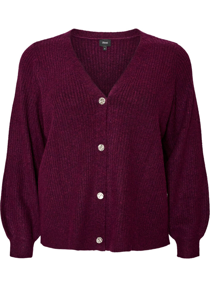 Cardigan with V-neck and ribbed texture, Purple, Packshot image number 0