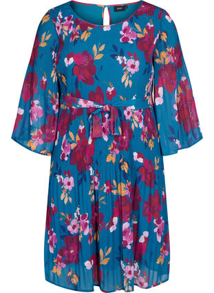 Printed pleated dress with waist tie, Blue Coral Flower, Packshot image number 0