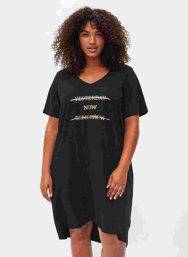Cotton nightdress with print, Black w. Gold Foil, Model