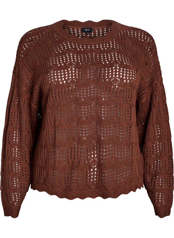Loose knitted blouse with eyelet pattern, Brown, Packshot image number 0