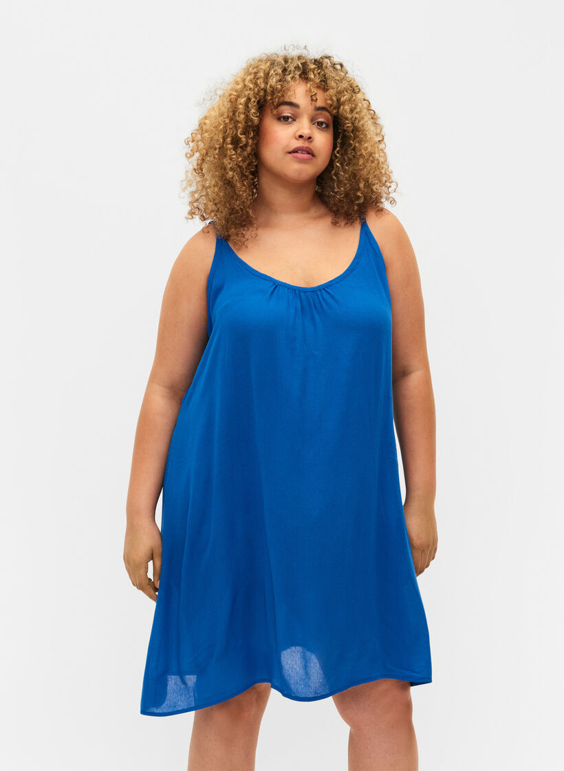 Solid colour strap dress in viscose, Blue, Model image number 0