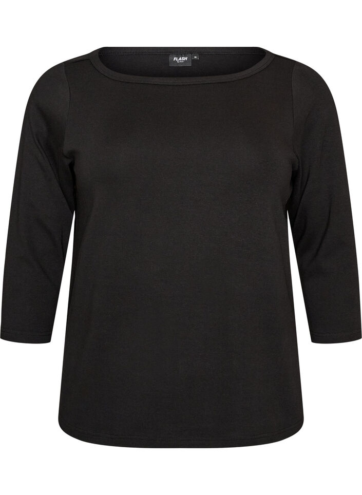 Basic T-shirt with boat neck and 3/4 sleeves, Black, Packshot image number 0