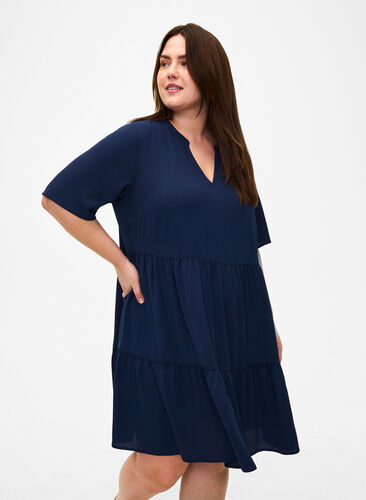Short sleeve dress with a-line and cutlines, Navy Blazer, Model image number 0
