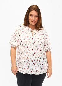Floral viscose blouse with half sleeves, B. White Rose Flower, Model