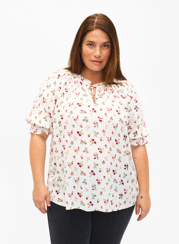 Floral viscose blouse with half sleeves, B. White Rose Flower, Model image number 0