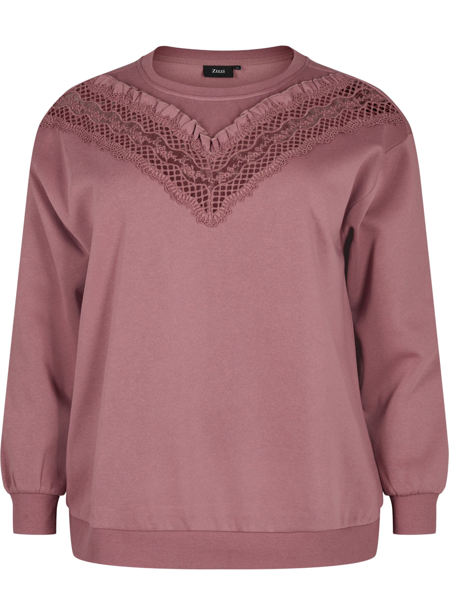 Zizzifashion Sweatshirt with ruffle and crochet detail, Rose Brown, Packshot image number 0