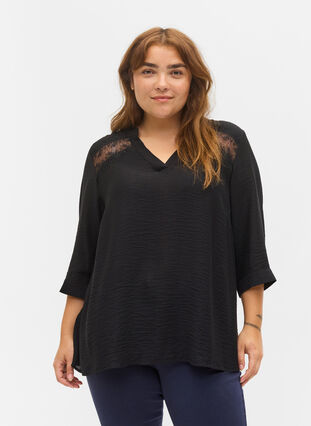 Viscose blouse with 3/4 sleeves and lace details, Black, Model image number 0