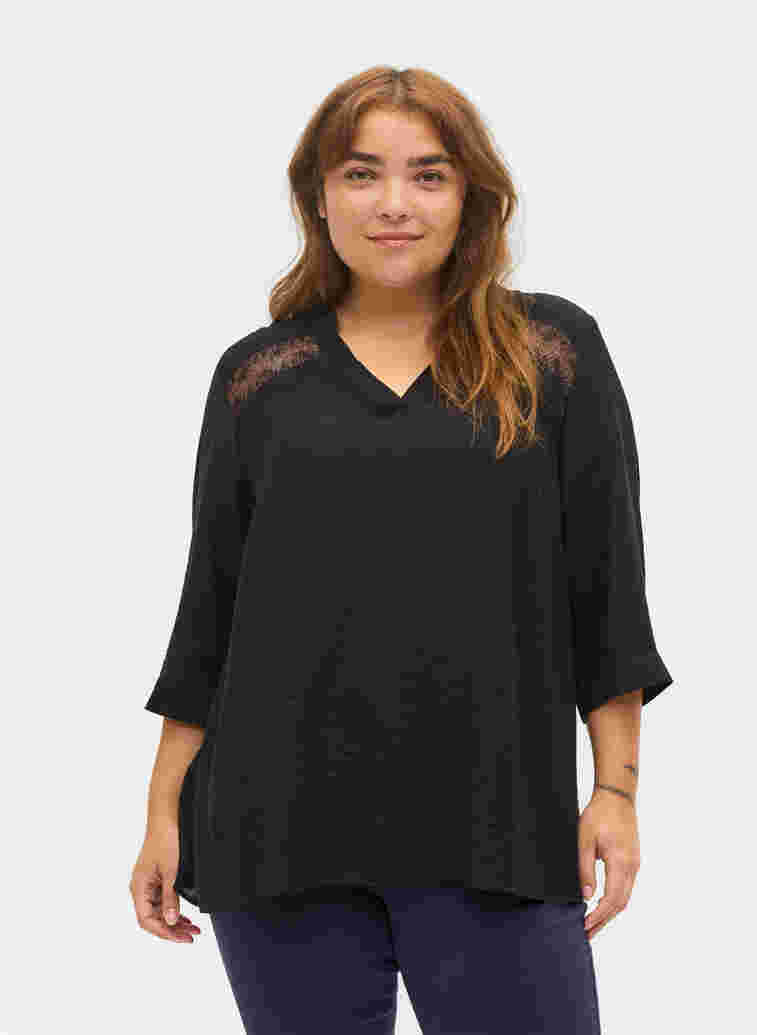 Viscose blouse with 3/4 sleeves and lace details, Black, Model