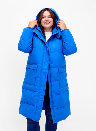 Long puffer jacket with pockets and hood, French Blue, Model image number 0