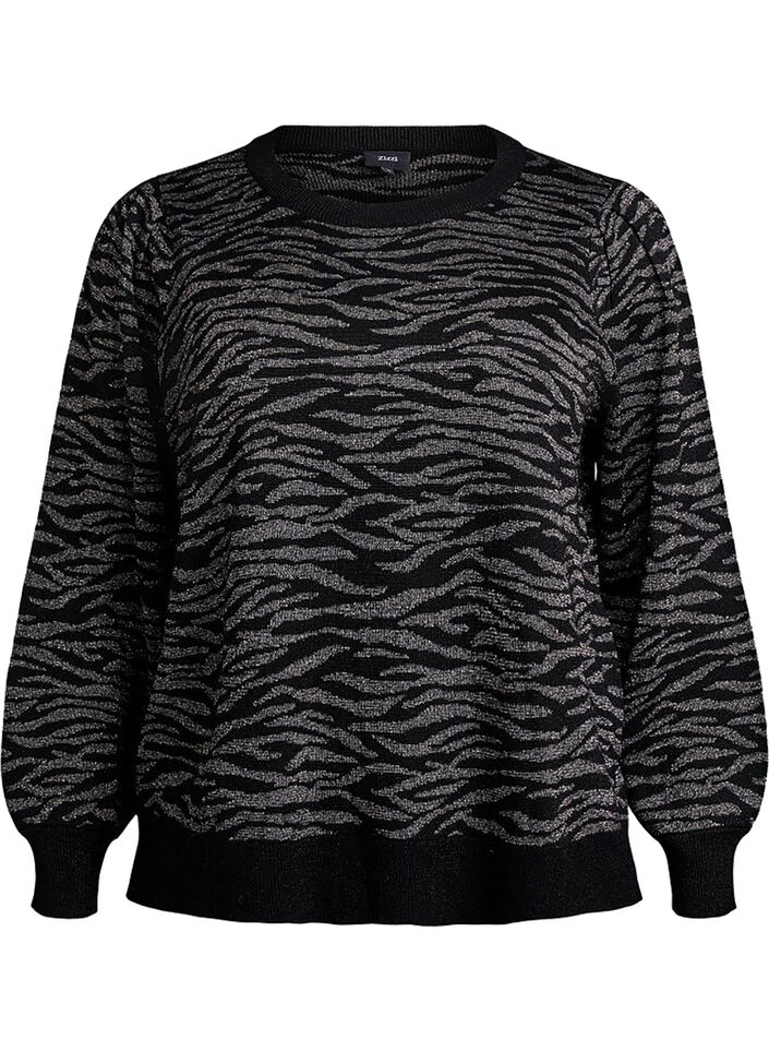 Patterned knit blouse with glitter effect, Black, Packshot image number 0