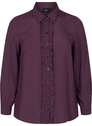 Viscose shirt with buttons and frill details, Plum Perfect, Packshot image number 0