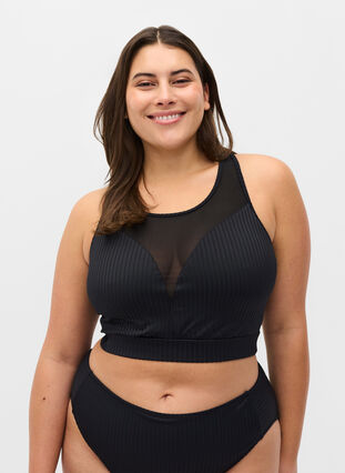 Bikini top in rib with mesh, Black, Model image number 0