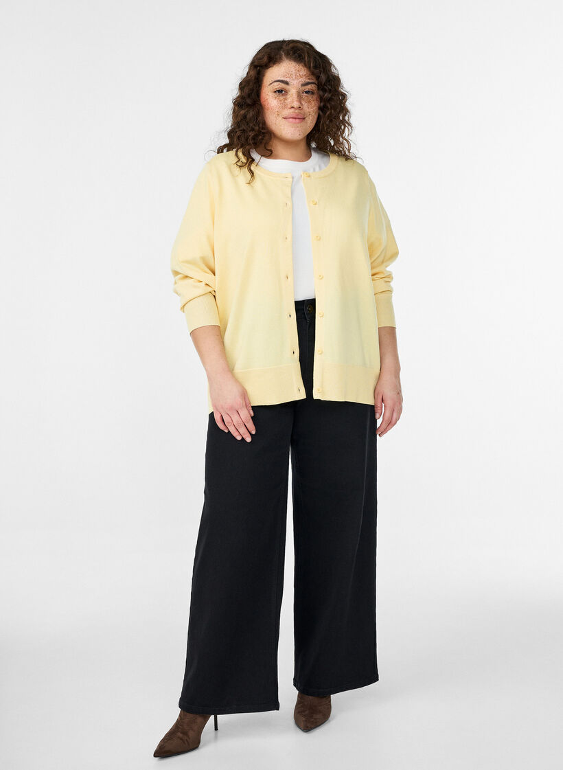 Fine-knit cardigan with round neck, Yellow, Model image number 1