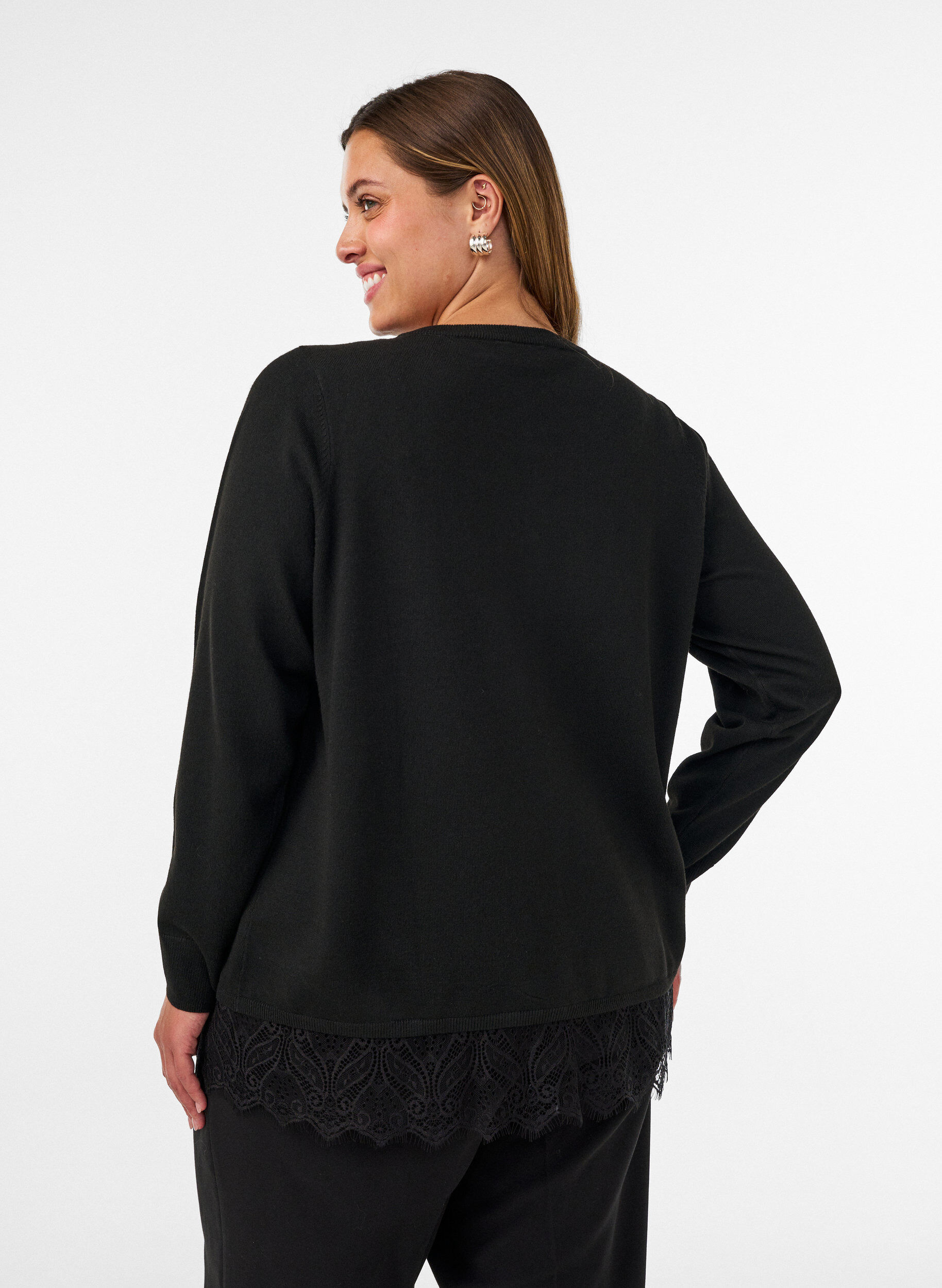 ZizzifashionCardigan with a wide lace hem, Black, Model image number 2
