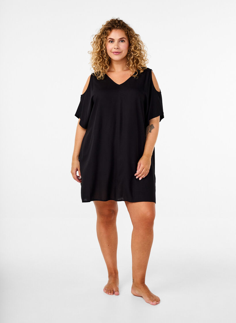 Beach dress with shoulder detail in viscose, Black, Model image number 1