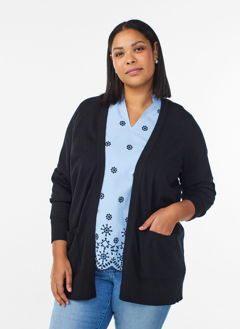 Long open-front knit cardigan with pockets, Black, Model image number 0