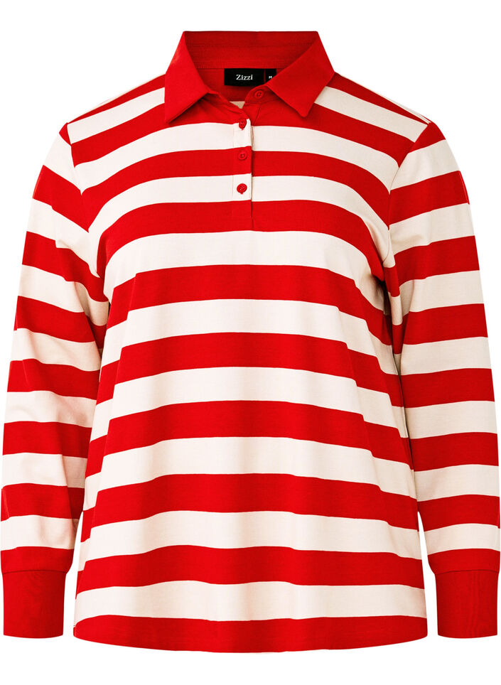 Long-sleeved polo shirt with stripes, Red, Packshot image number 0