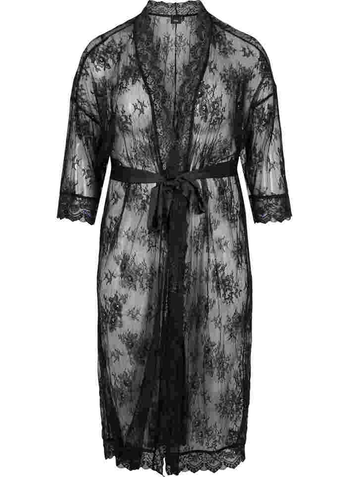 Long lace dressing gown, Black, Packshot image number 0