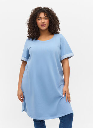 Loose-fitting sweater dress with short sleeves, Faded Denim, Model image number 0