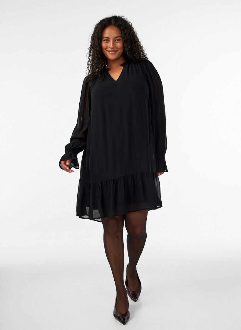 Viscose dress with ruffles and sheer sleeves, Black, Model image number 1